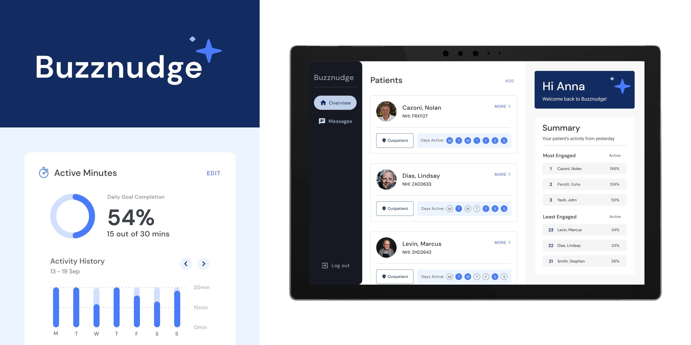 Screenshots of Buzznudge intuitive app for clinicians to track progress and interact with patients.