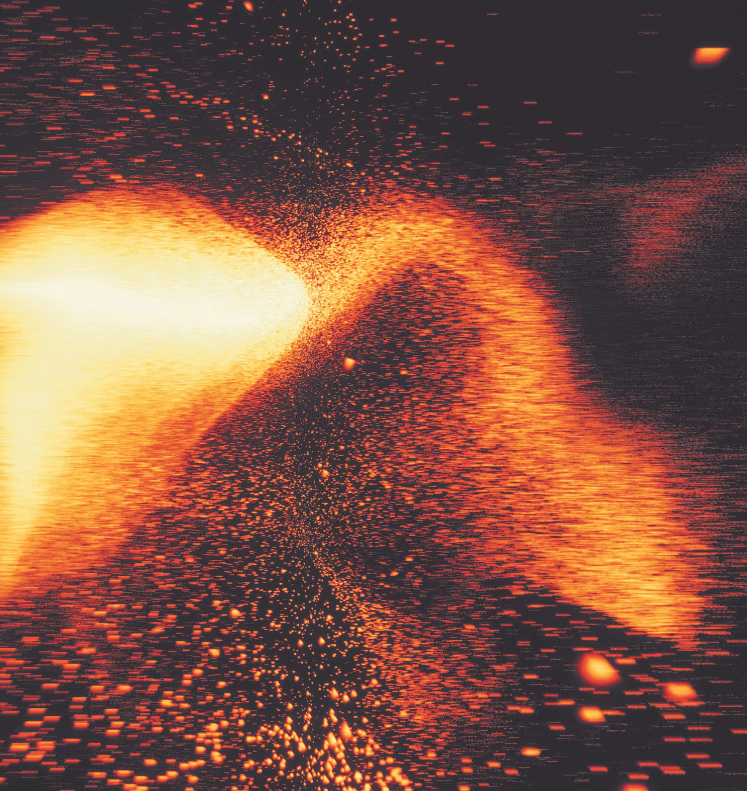 bright Yellow and orange specks resembling lava and fire are spread across a dark background